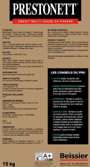 Enduit multifonction en poudre 4 en 1 PRESTONETT blanc 15 kg