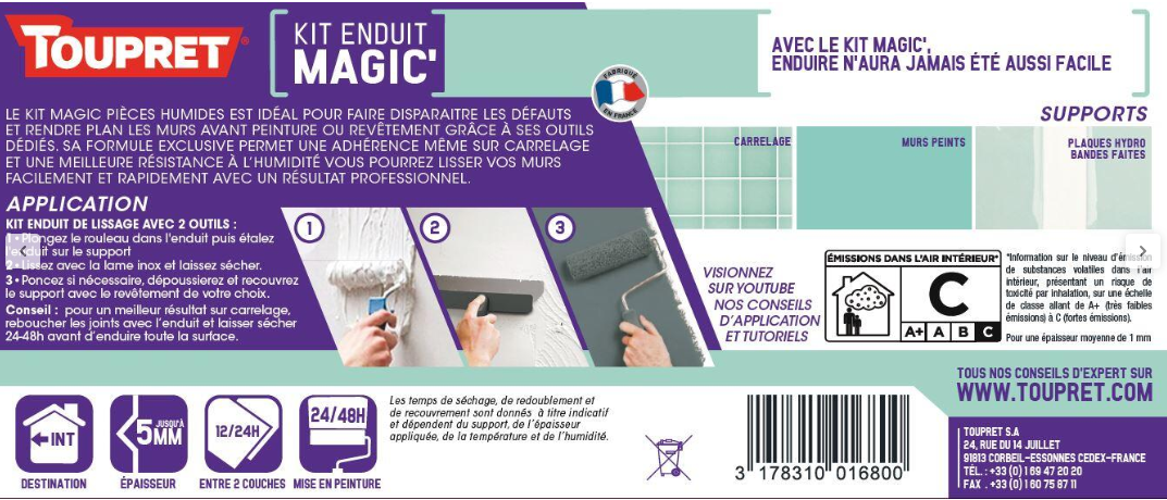 Enduit de lissage en pâte Magic' pièces humides kit avec outils TOUPRET 6 kg