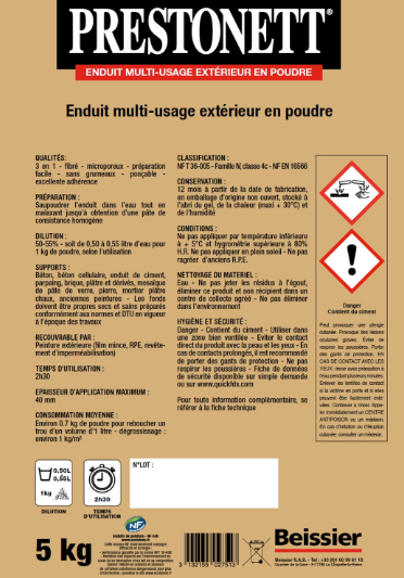 Enduit de rebouchage en poudre T.REX PRESTONETT 5 kg