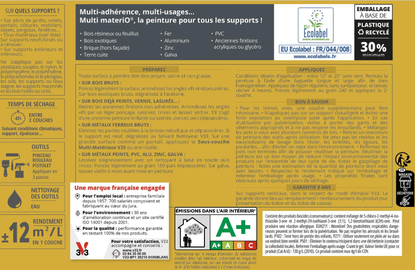 Peinture extérieure bois, fer, plastique V33 vert garrigue satiné 125ml