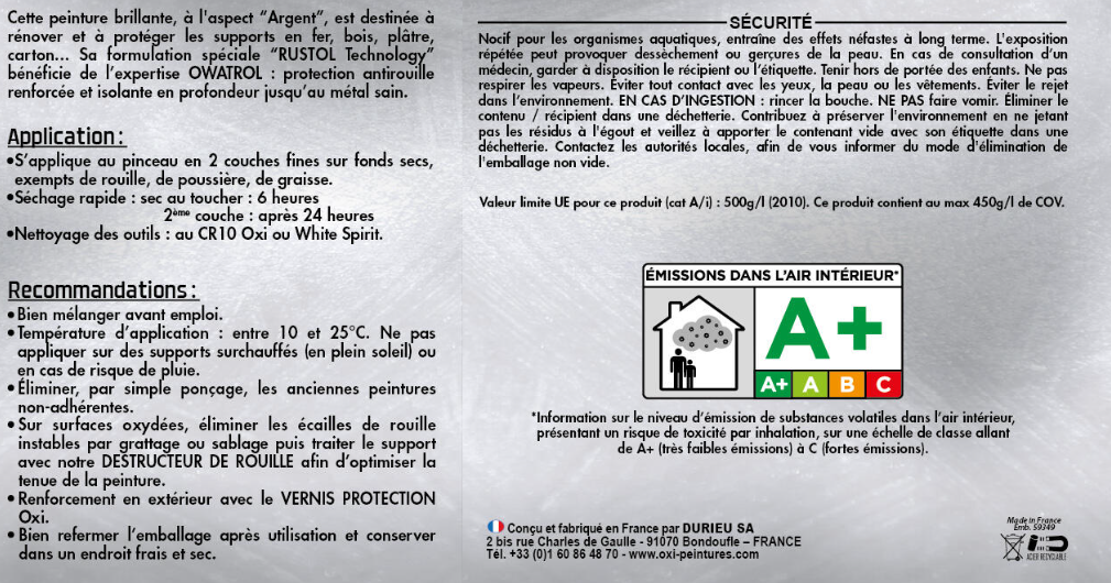 Peinture fer extérieur OXI argenture brillant 125 ML