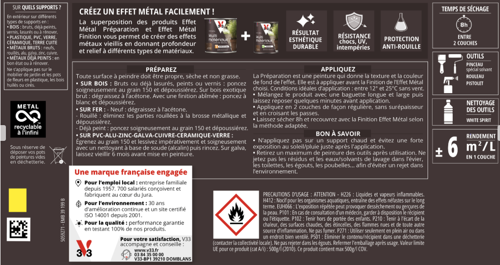 Peinture extérieure Multi matériaux Effet métal finition V33 métal rouillé 0.5l
