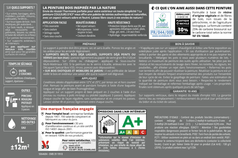 Peinture extérieure bois Couleurs d'ici ® V33 noir RAL 9005 velours 0.5L