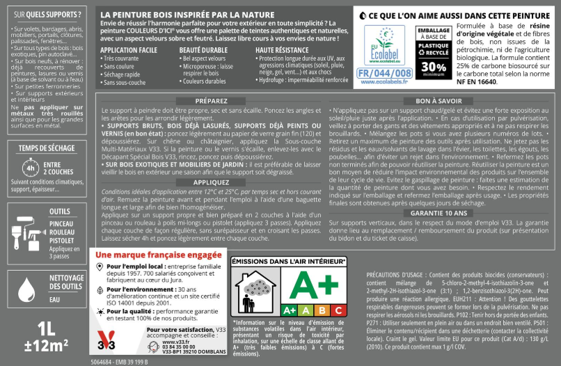 Peinture extérieure bois Couleurs d'ici ® V33 gris feutré velours 0.5l