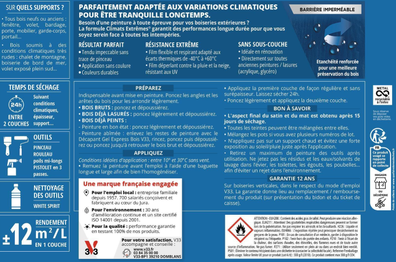 Peinture extérieure bois Climats extrêmes® V33 gris basalte satiné 0.5l