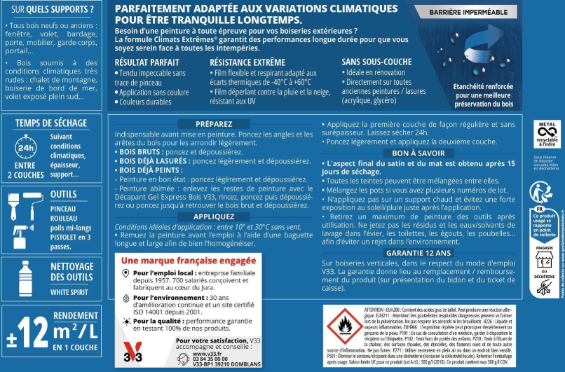 Peinture extérieure bois Climats extrêmes® V33 gris galet mat 0.5l