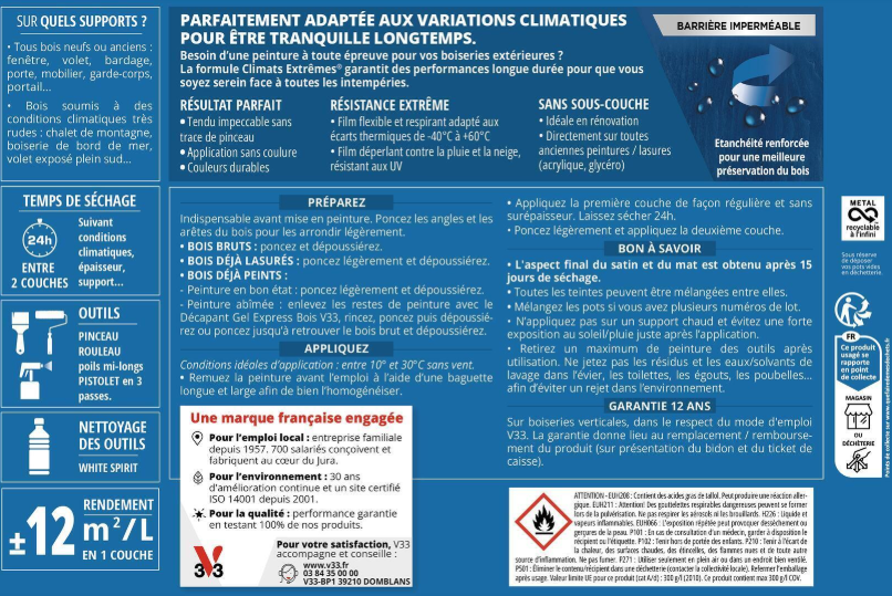 Peinture extérieure bois Climats extrêmes® V33 bleu hoggar satiné 0.5l