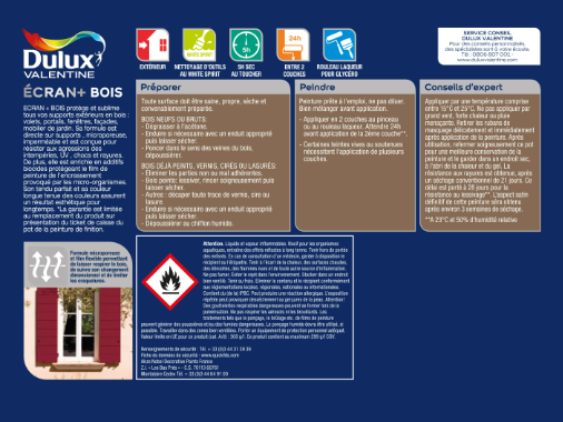 Peinture extérieure bois Ecran + DULUX VALENTINE blanc pur satiné 2l