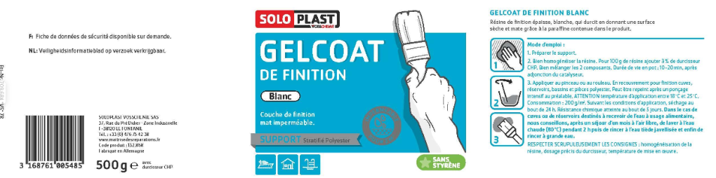 Résine de finition gel coat SOLOPLAST, blanc brillant