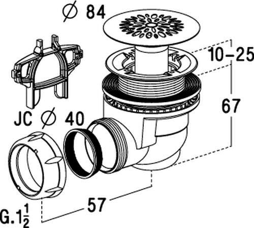 Shower tray drain with grid to glue or screw ø 60 x outlet ø 40 x h. 67 mm