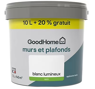 Peinture murs et plafonds GoodHome blanc satin 10L + 20% gratuit