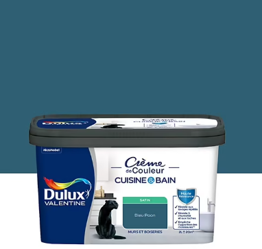 Peinture haute résistance Crème de couleur cuisine et bain Dulux Valentine bleu paon satin 2L