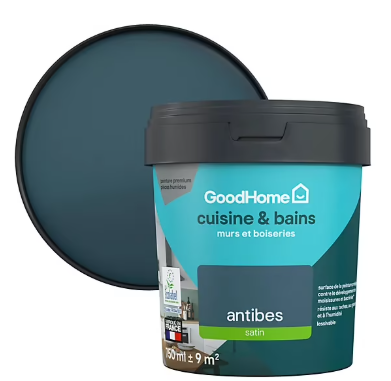 Peinture cuisine et salle de bains GoodHome bleu Antibes satin 750ml