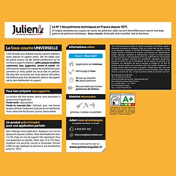 Sous-couche surfaces lisses ou difficiles, carrelage, verre, PVC Julien mat blanc 2,5 L