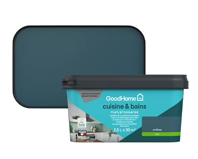 Peinture cuisine et salle de bains GoodHome bleu Antibes satin 2,5L