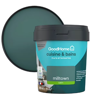 Peinture cuisine et salle de bains GoodHome vert Milltown satin 750ml