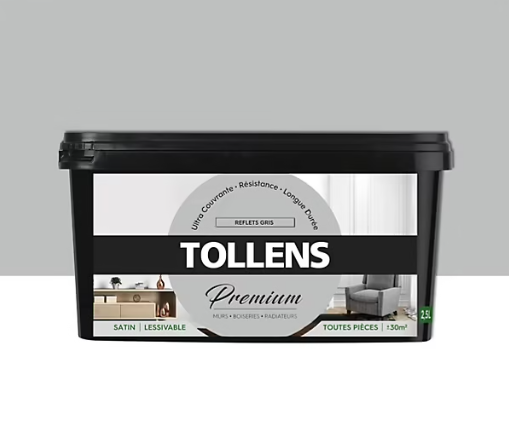 Peinture Tollens premium murs, boiseries et radiateurs reflets gris satin 2,5L