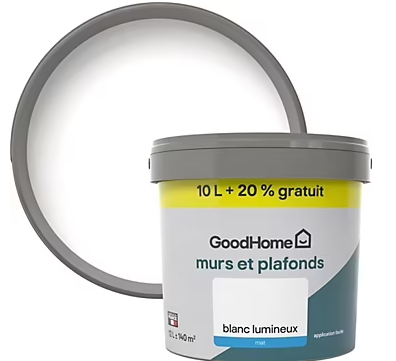 Peinture murs et plafonds GoodHome blanc mat 10L + 20% gratuit