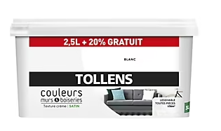 Peinture murs et boiseries Tollens blanc satin 2,5L +20% gratuit
