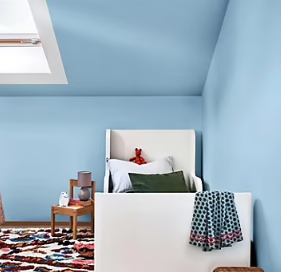 Peinture couleur murs, boiseries et radiateurs Crème de couleur Dulux Valentine bleu celeste satin 1,25L