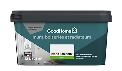 Peinture murs et plafonds haute résistance GoodHome blanc lumineux satin 2,5L