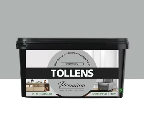 Peinture Tollens premium murs, boiseries et radiateurs gris minéral satin 2,5L