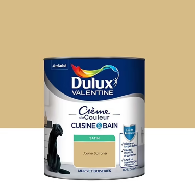 Peinture haute résistance Crème de couleur cuisine et bain Dulux Valentine jaune safran satin 0,75L