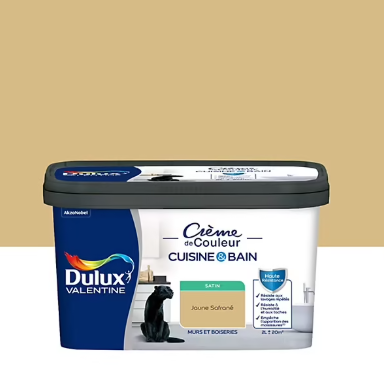 Peinture haute résistance Crème de couleur cuisine et bain Dulux Valentine jaune safran satin 2L