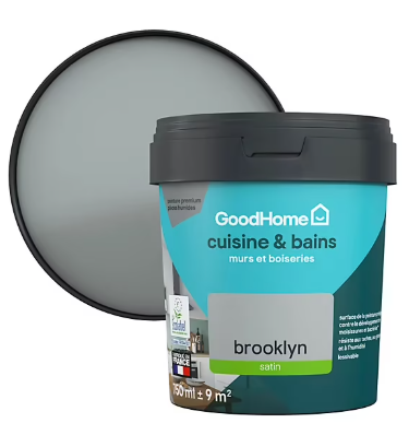 Peinture cuisine et salle de bains GoodHome gris Brooklyn satin 750ml