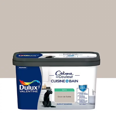 Peinture haute résistance Crème de couleur cuisine et bain Dulux Valentine grain de sable satin 2L