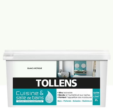 Peinture murs et plafonds Cuisine et bains satin blanc arctique satin Tollens 2 L