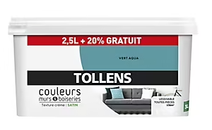 Peinture murs et boiseries Tollens vert aqua satin 2,5L +20% gratuit