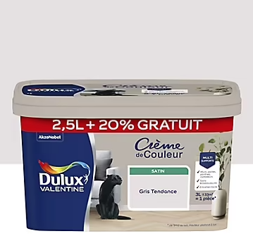 Peinture Crème De Couleur Dulux Valentine satin gris tendance 2,5L + 20% gratuit