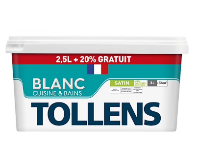 Peinture cuisine et salle de bains Tollens blanc satin 2,5L+20% gratuit