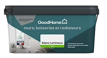 Peinture murs, plafonds et radiateurs GoodHome blanc lumineux satin 5L