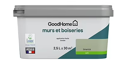 Peinture intérieure couleur murs et boiseries GoodHome Limerick vert satin 2,5L