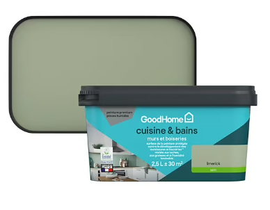 Peinture cuisine et salle de bains GoodHome vert Limerick satin 2,5L