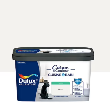 Peinture haute résistance Crème de couleur cuisine et bain Dulux Valentine blanc satin 2L