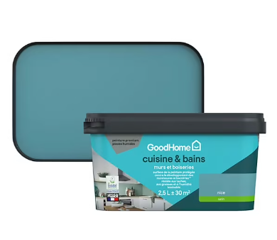 Peinture cuisine et salle de bains GoodHome bleu Nice satin 2,5L