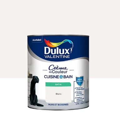Peinture haute résistance Crème de couleur cuisine et bain Dulux Valentine blanc satin 0,75L