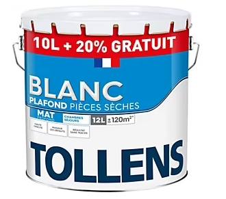 Peinture plafond pièces sèches Tollens blanc mat 10L+20% gratuit