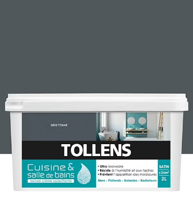 Peinture murs et plafonds Cuisine et bains satin gris titane Tollens 2 L