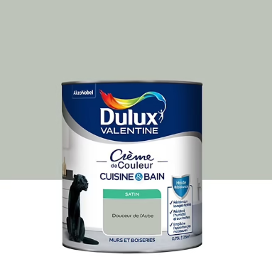 Peinture haute résistance Crème de couleur cuisine et bain Dulux Valentine vert douceur de l'aube satin 0,75L