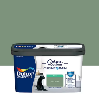 Peinture haute résistance Crème de couleur cuisine et bain Dulux Valentine vert ginkgo satin 2L