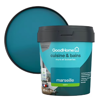 Peinture cuisine et salle de bains GoodHome bleu Marseille satin 750ml