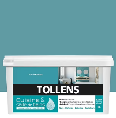 Peinture murs et plafonds Cuisine et bains satin vert émeraude Tollens 2 L