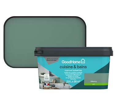 Peinture cuisine et salle de bains GoodHome vert Kilkenny satin 2,5L