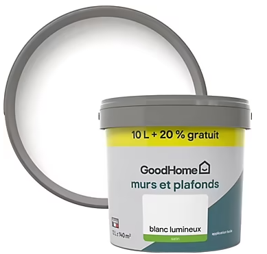 Peinture murs et plafonds GoodHome blanc satin 10L + 20% gratuit
