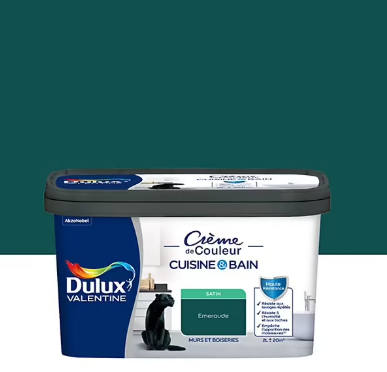 Peinture haute résistance Crème de couleur cuisine et bain Dulux Valentine vert emeraude satin 2L