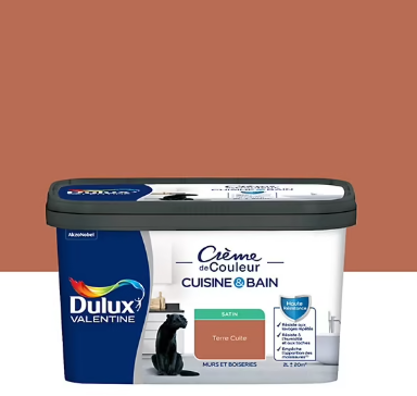 Peinture haute résistance Crème de couleur cuisine et bain Dulux Valentine bronze terre cuite satin 2L